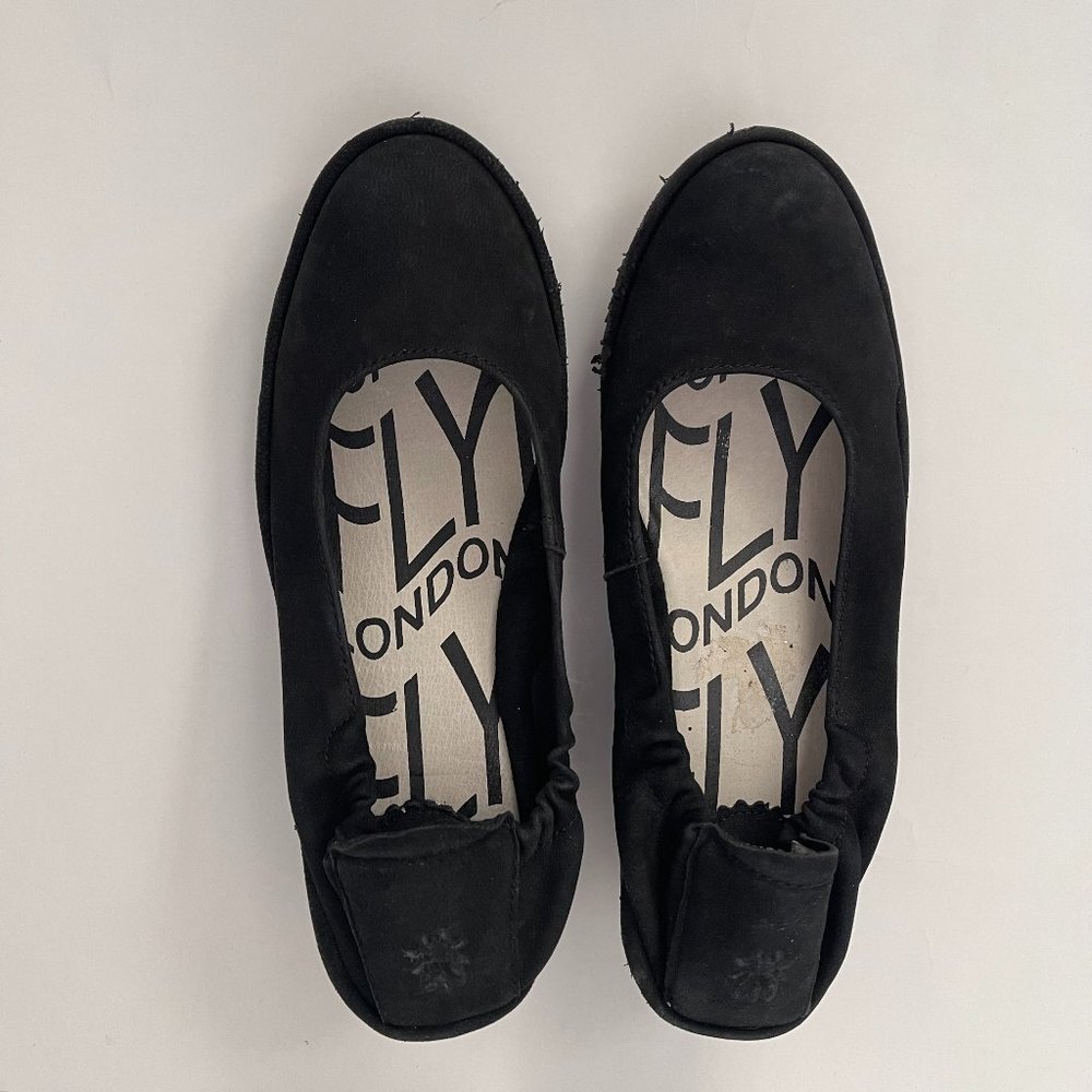 Fly London Size 37 US 6.5 Pledfly Black Leather Wedge Heel Shoes